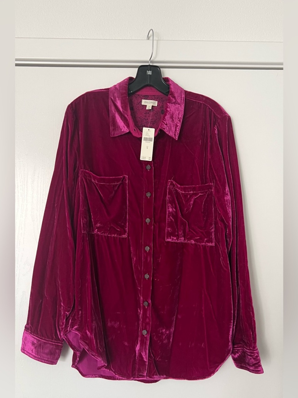 New with tag Anthropologie Pilero dark magenta velvet long sleeve shirt size M